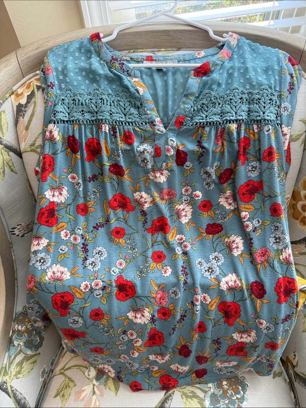Daniel Rainn Blue Floral Crochet Yoke Sleeveless Top
